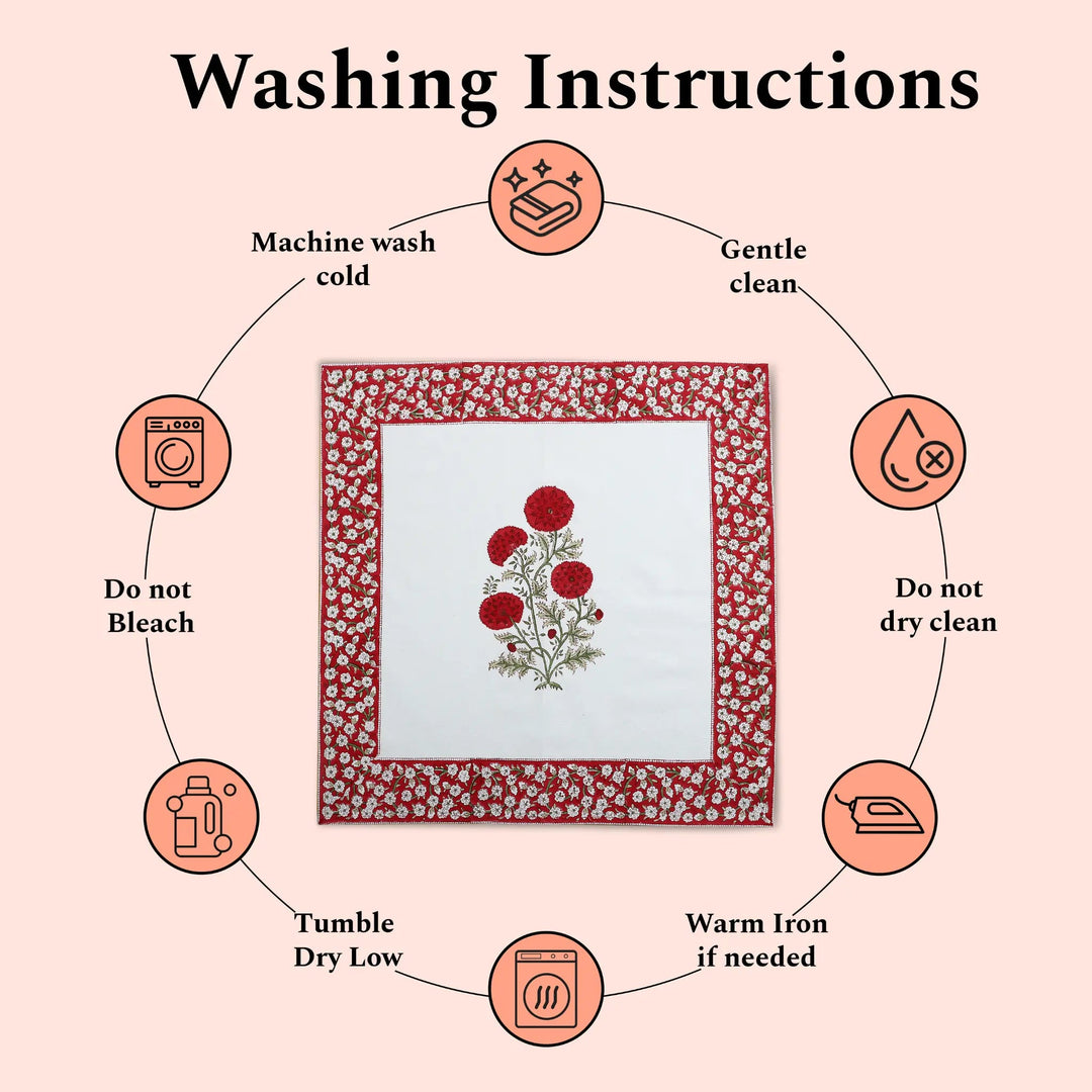 Washing instructions for a framed piece of art with icons and text on a pink background.