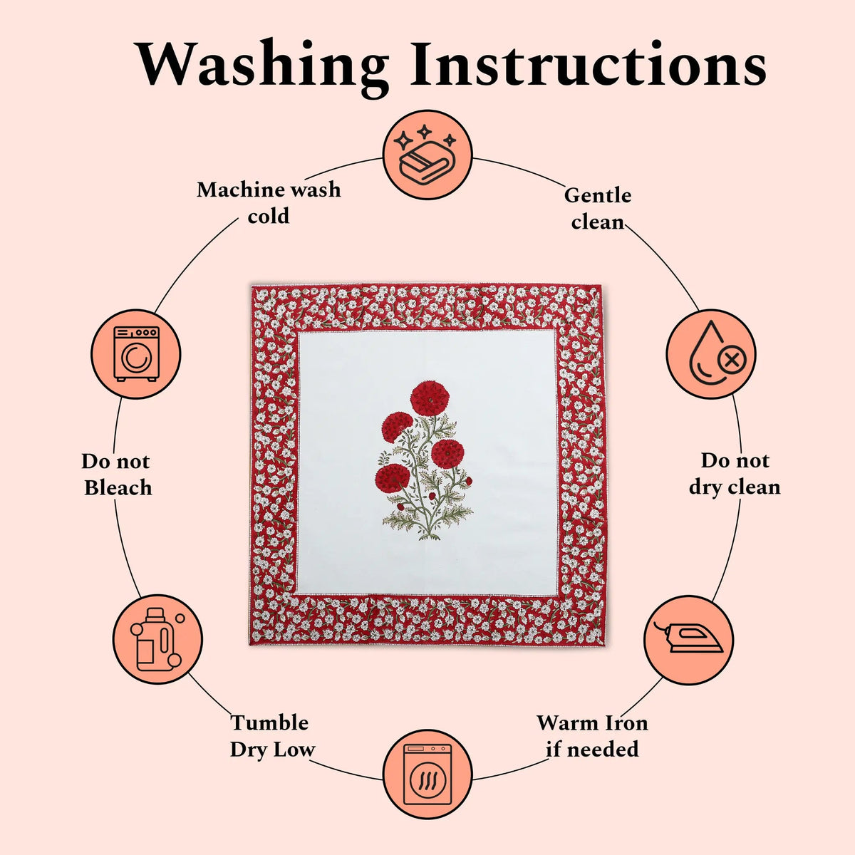 Washing instructions for a framed piece of art with icons and text on a pink background.