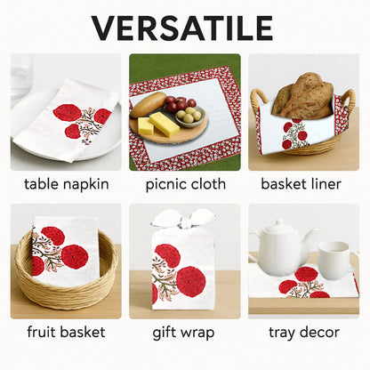 Versatile use of a tablecloth with red floral design on various items including a plate, picnic cloth, basket liner, fruit basket, gift wrap, and tray decor.