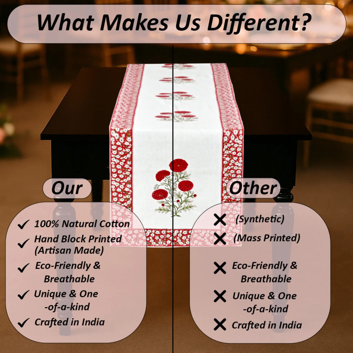Table runner with floral design on a table, comparing 100% natural cotton to synthetic materials.