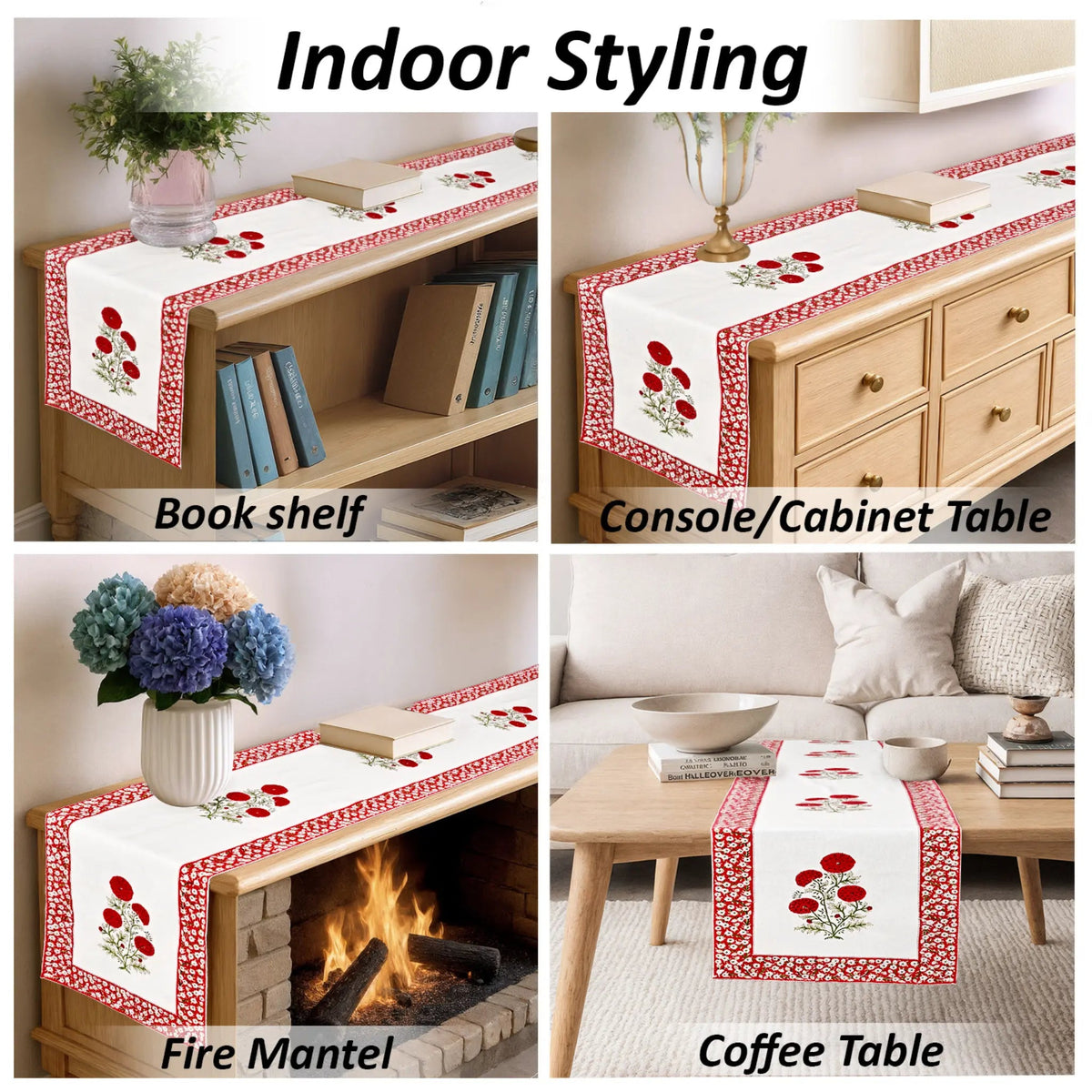 Table runner with floral design used on bookshelf, console table, fire mantel, and coffee table.