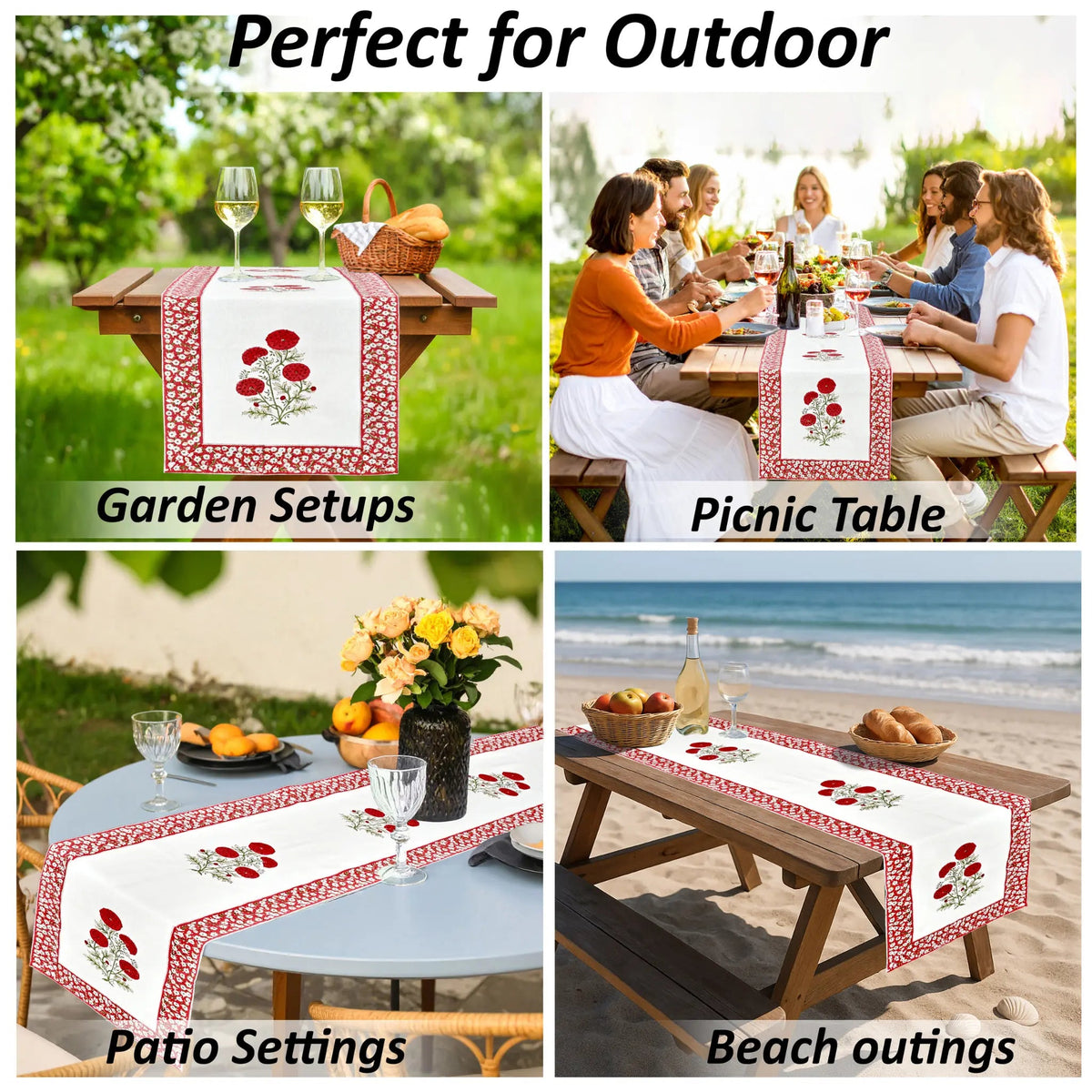 Table runner with floral design used in various outdoor settings including garden, picnic, patio, and beach.