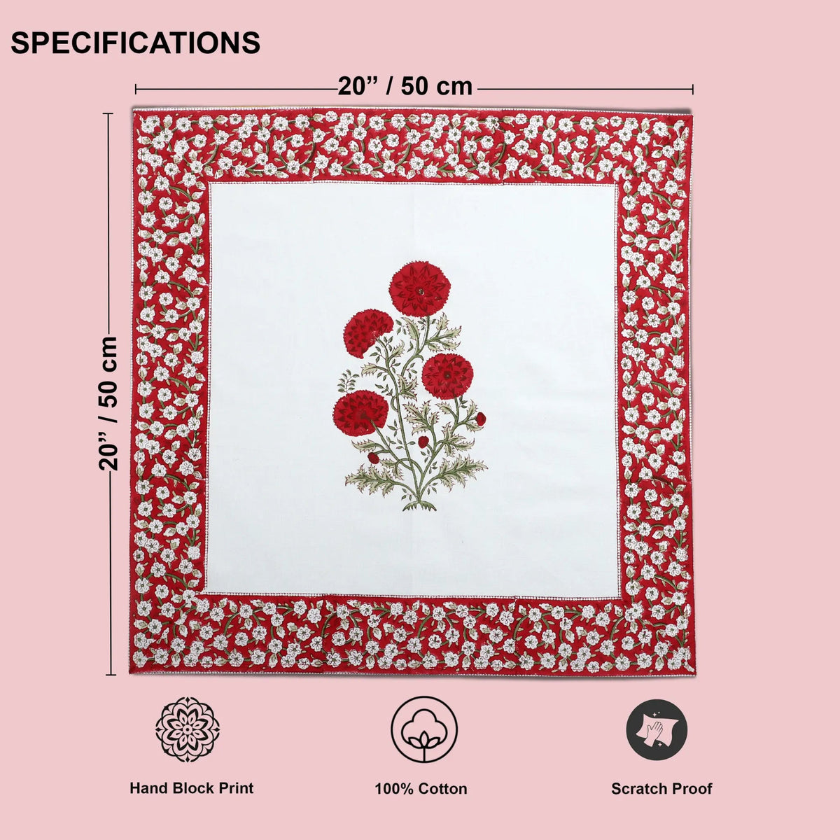 Product with floral design and measurements on a pink background