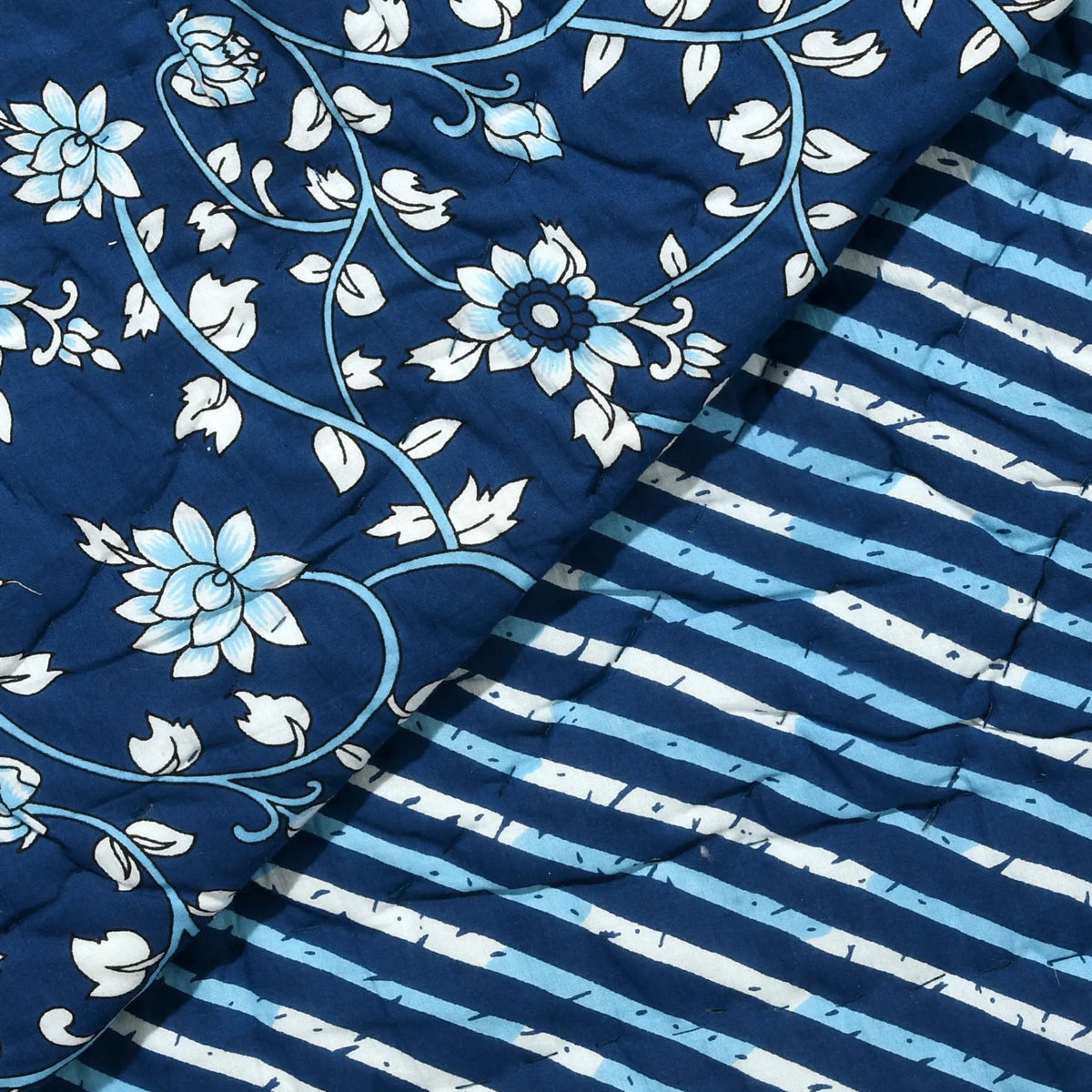 Close-up of blue and white floral and striped fabric