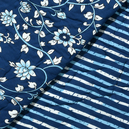 Close-up of blue and white floral and striped fabric