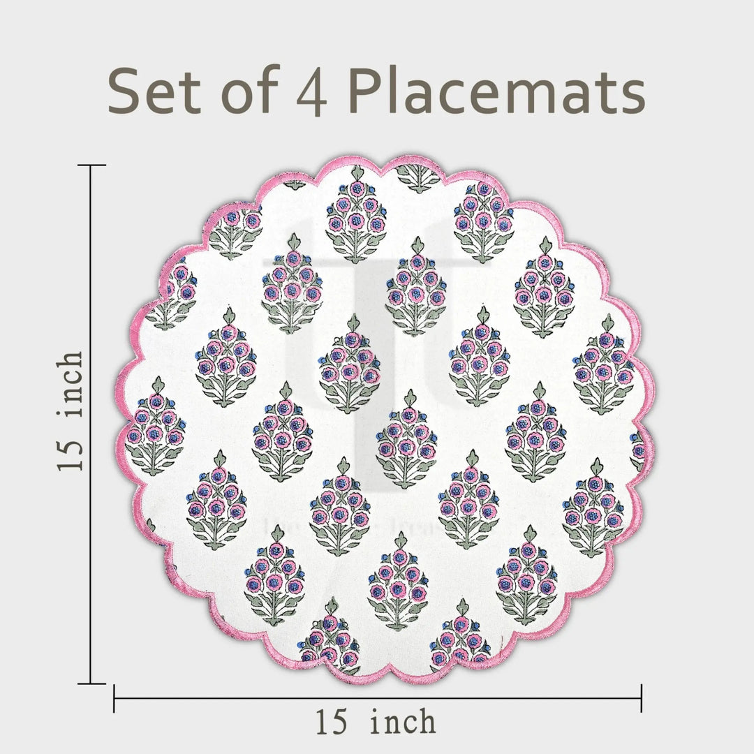 Set of 4 floral placemats with measurements on a white background
