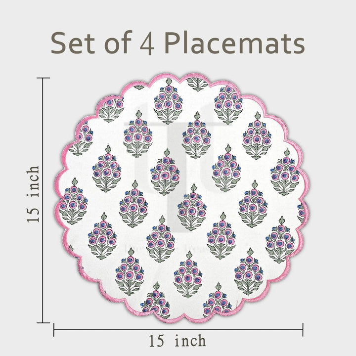 Set of 4 floral placemats with measurements on a white background