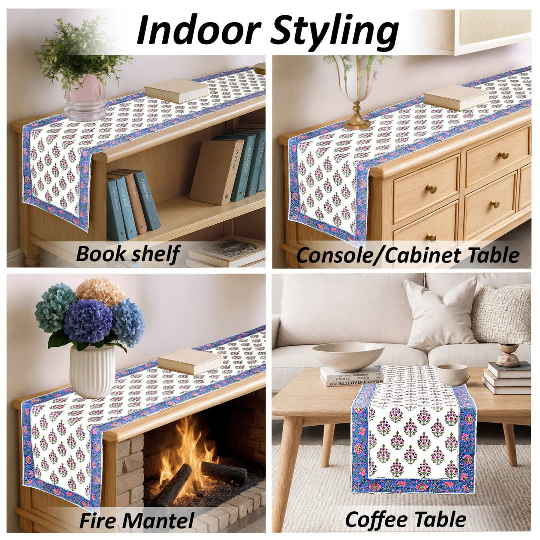Table runner with decorative pattern displayed on various furniture items including a bookshelf, console table, fire mantel, and coffee table.