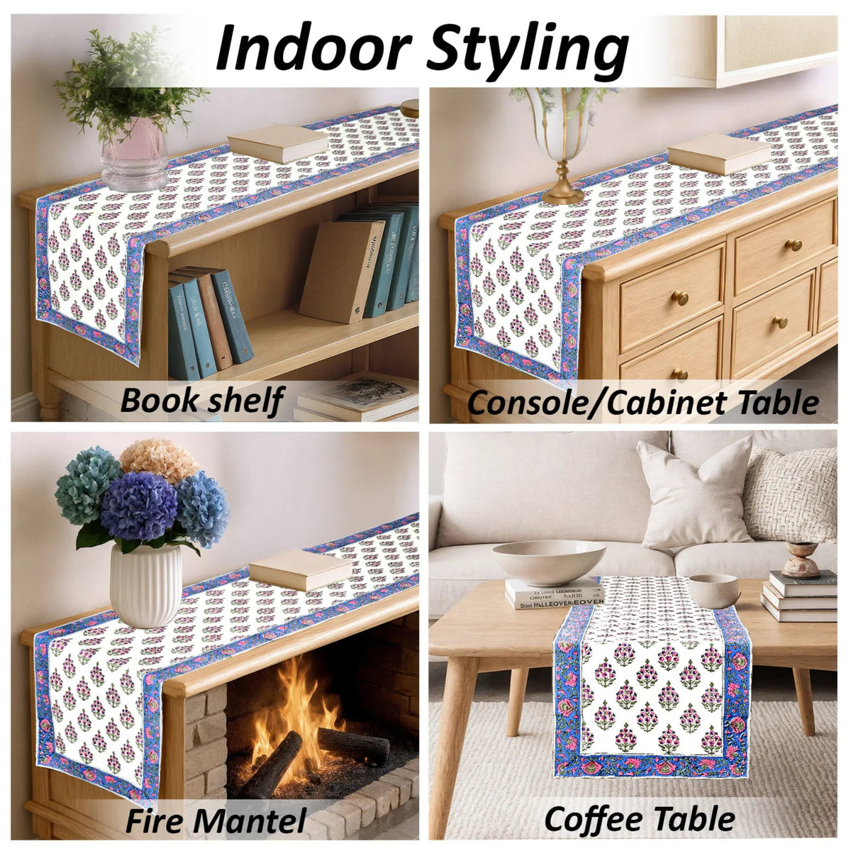 Table runner with decorative pattern displayed on various furniture items including a bookshelf, console table, fire mantel, and coffee table.
