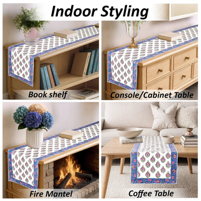 Table runner with decorative pattern displayed on various furniture items including a bookshelf, console table, fire mantel, and coffee table.