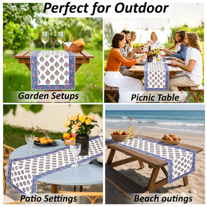 Table runner with decorative pattern used in various outdoor settings including garden, picnic, patio, and beach.