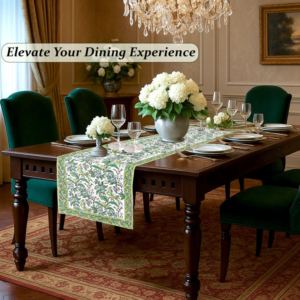 Dining room with a table set for dinner, flowers, and elegant decor.