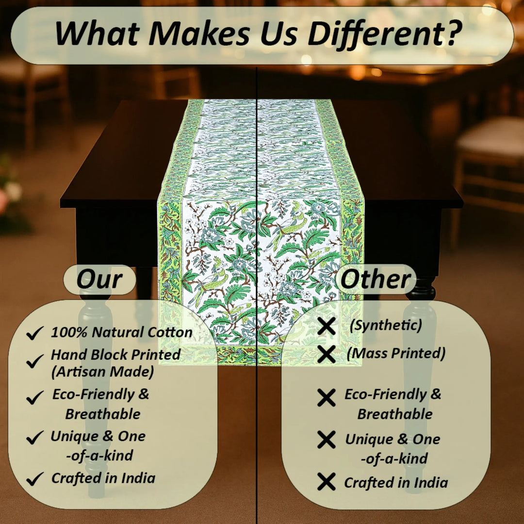 Table runner with artistic design on a table, comparing &