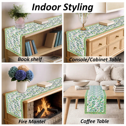 Green floral table runner displayed on various furniture pieces with text 'Indoor Styling'.