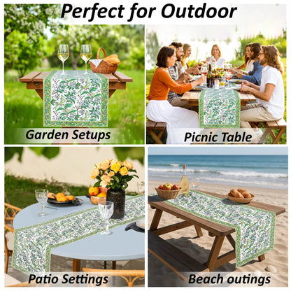 Collage of outdoor settings with a green floral tablecloth, including garden, picnic, patio, and beach scenes.