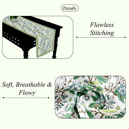 Table runner with floral pattern on a table, highlighting 'Flawless Stitching' and 'Soft, Breathable & Flowy' text.