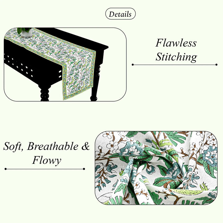 Table runner with floral pattern on a table, highlighting &