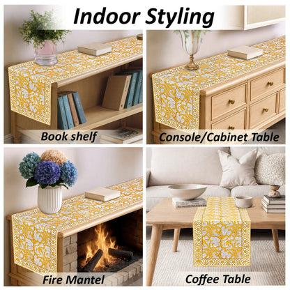 Yellow patterned table runner shown on various furniture pieces including a bookshelf, console cabinet, fire mantel, and coffee table.