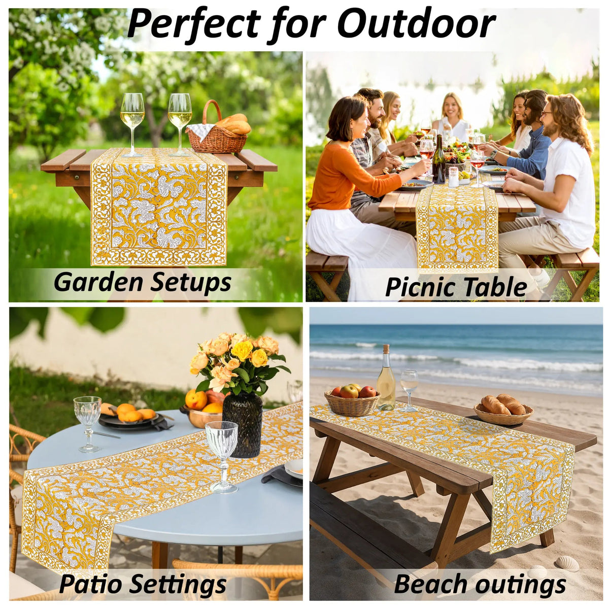 Collage of outdoor settings with a yellow floral tablecloth, including garden, picnic, patio, and beach scenes.