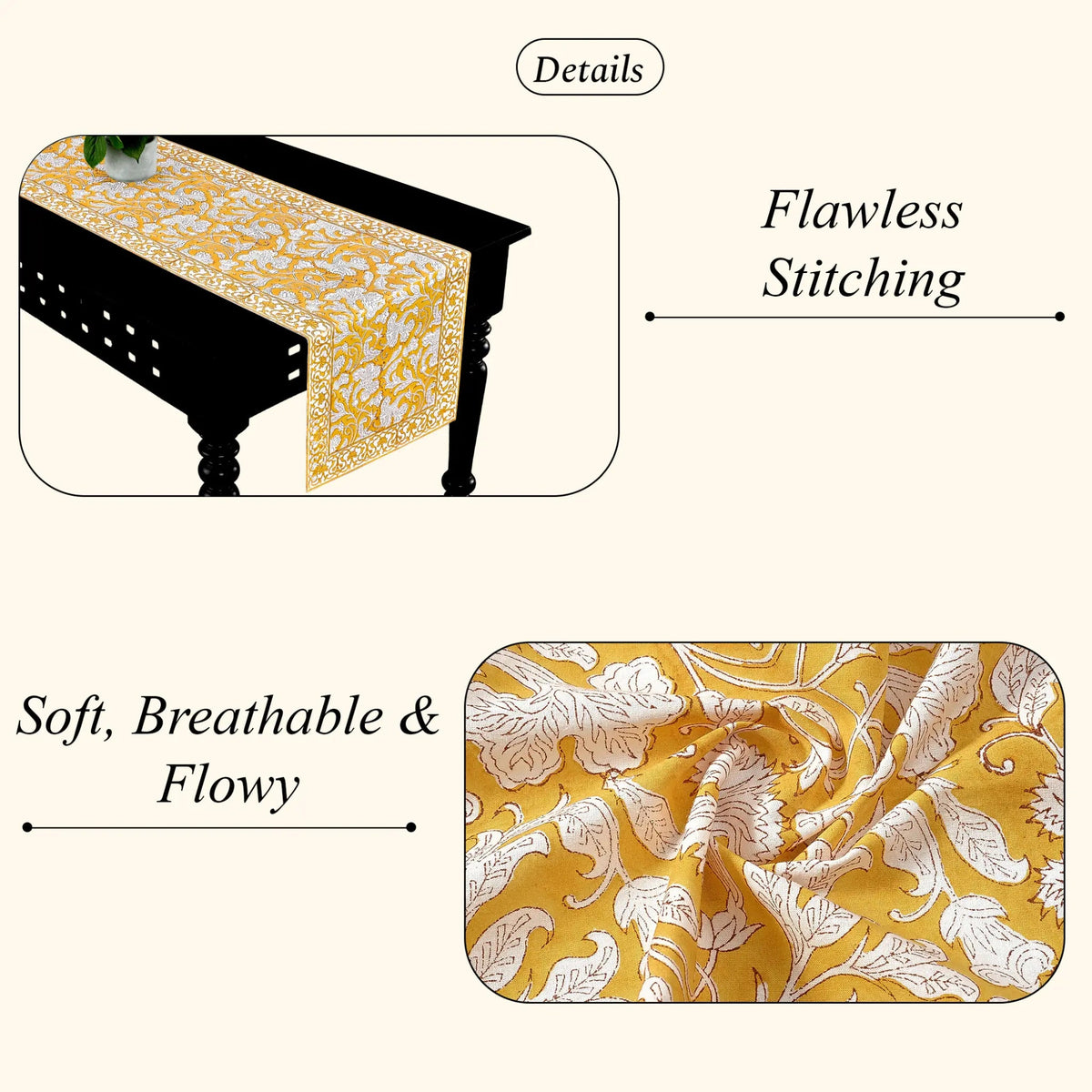 Yellow floral patterned table runner with text highlighting features on a white background
