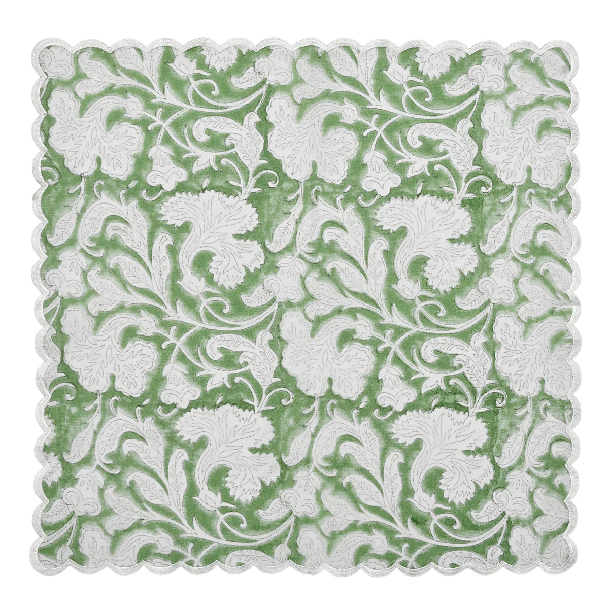 Decorative square mat with white floral pattern on a green background