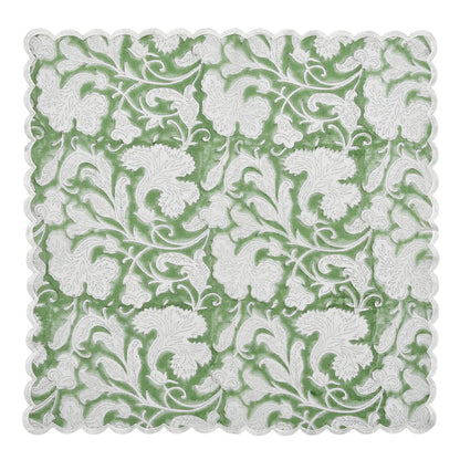 Decorative square mat with white floral pattern on a green background
