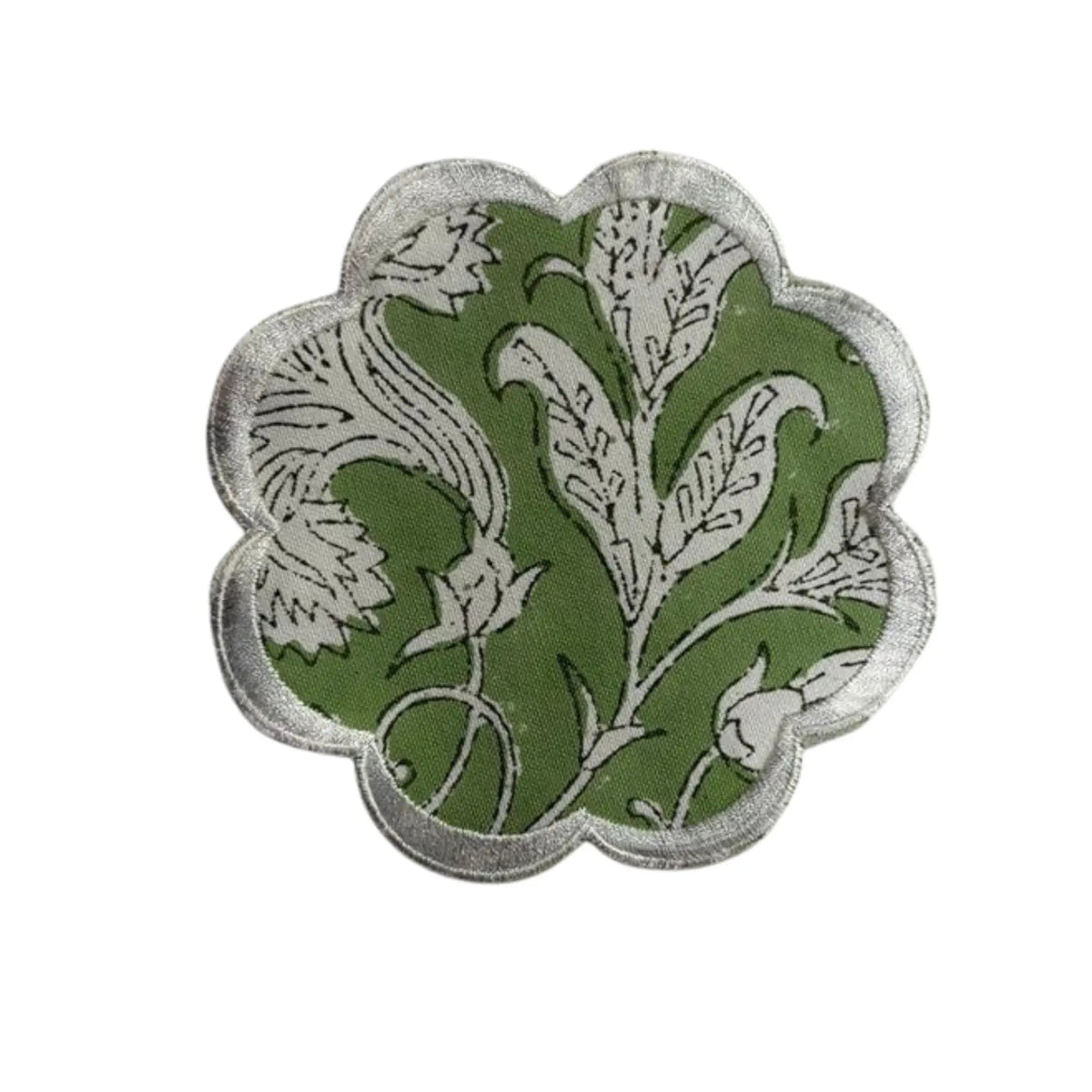 Decorative patch with green and white floral design on a white background