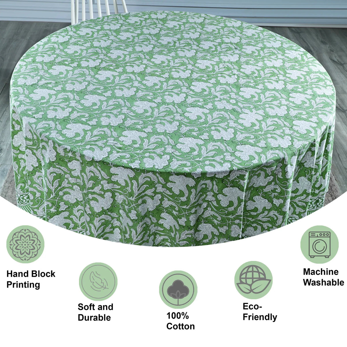 Green floral-patterned tablecloth on a round table with features listed below.