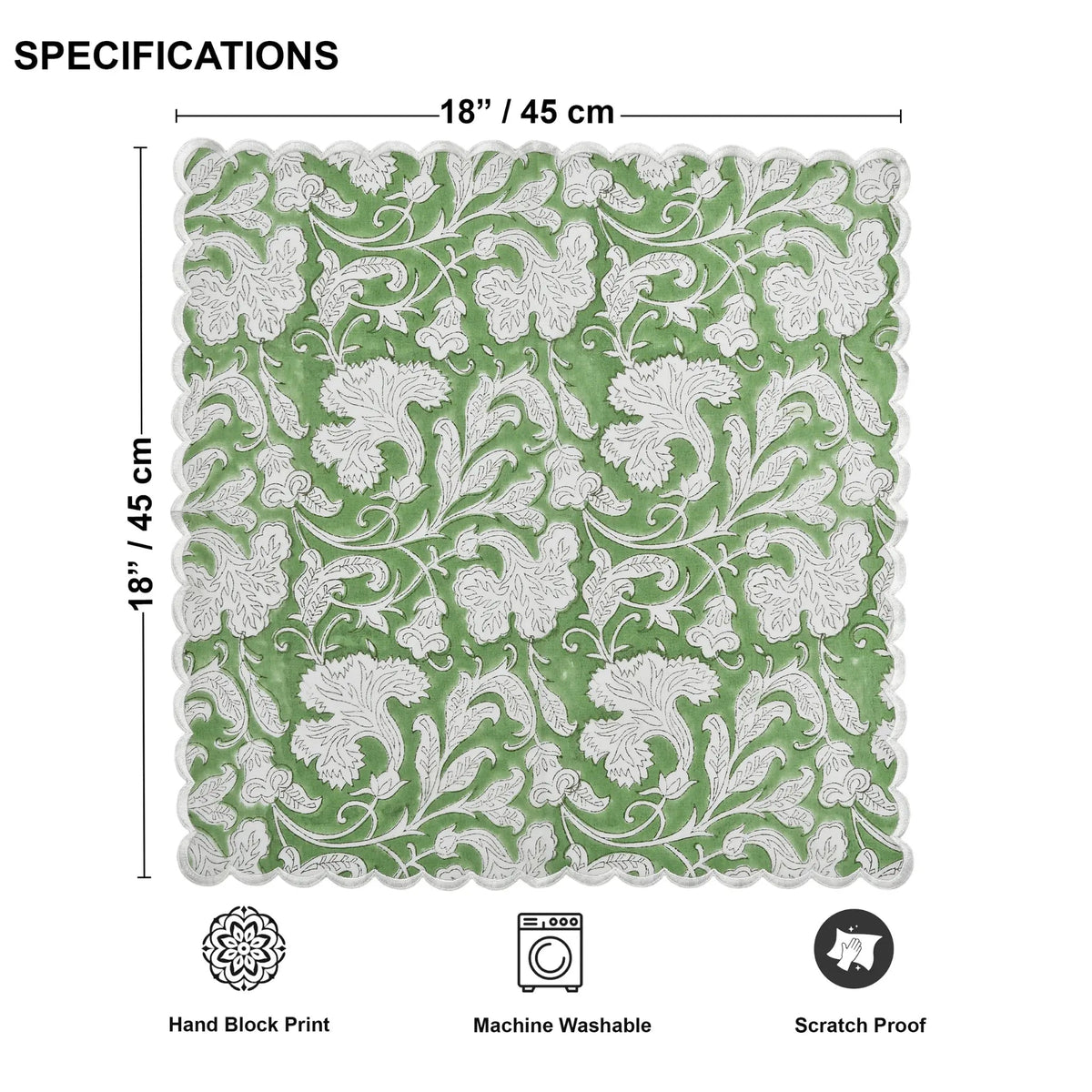 Green and white floral patterned fabric with dimensions and care label icons on a white background