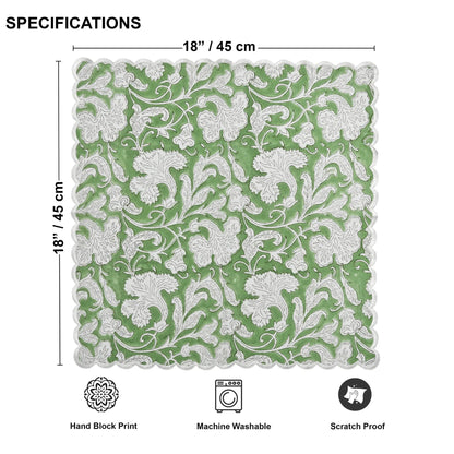 Green and white floral patterned fabric with dimensions and care label icons on a white background