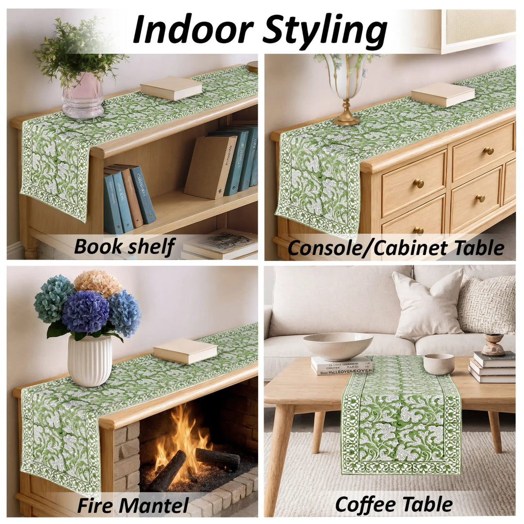 Green patterned table runner displayed on various furniture items with text &