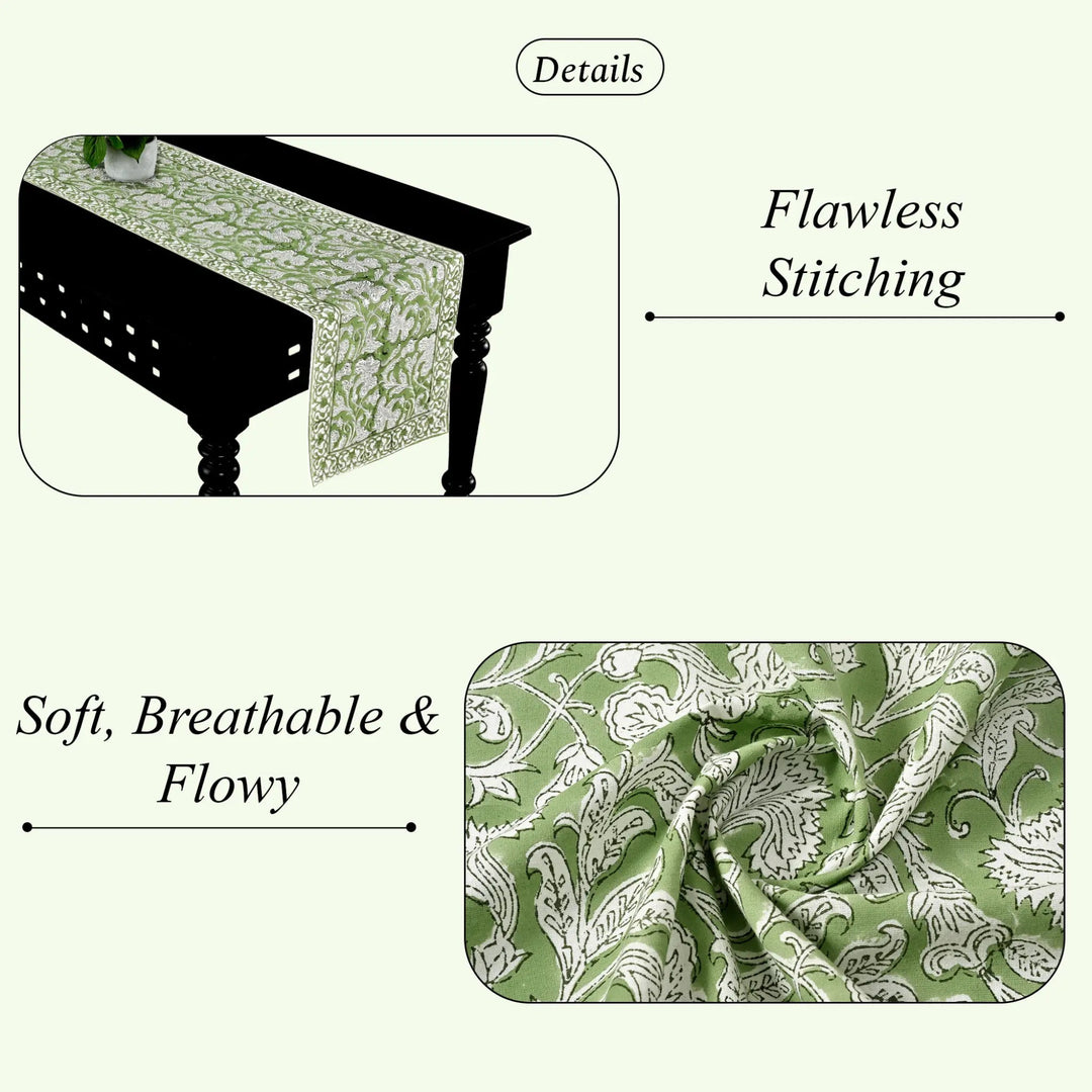Green patterned table runner on a black table with text highlighting &
