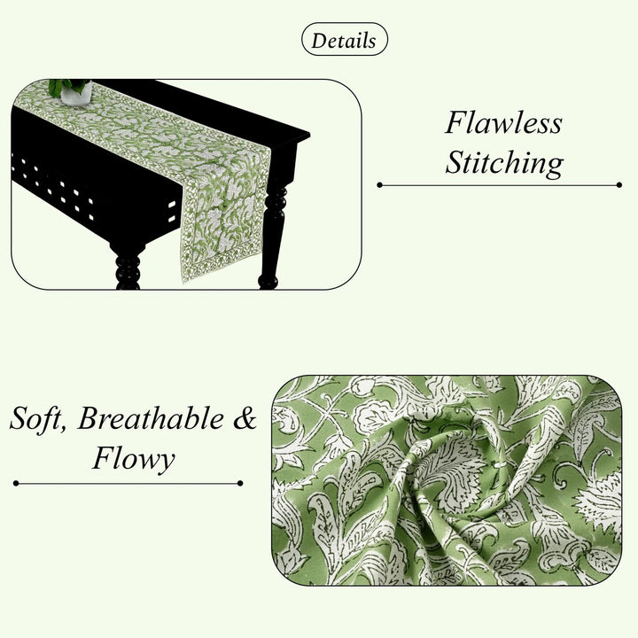 Green patterned table runner on a black table with text highlighting &
