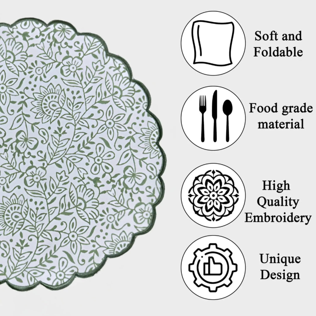 Decorative plate with floral pattern and features listed on a white background