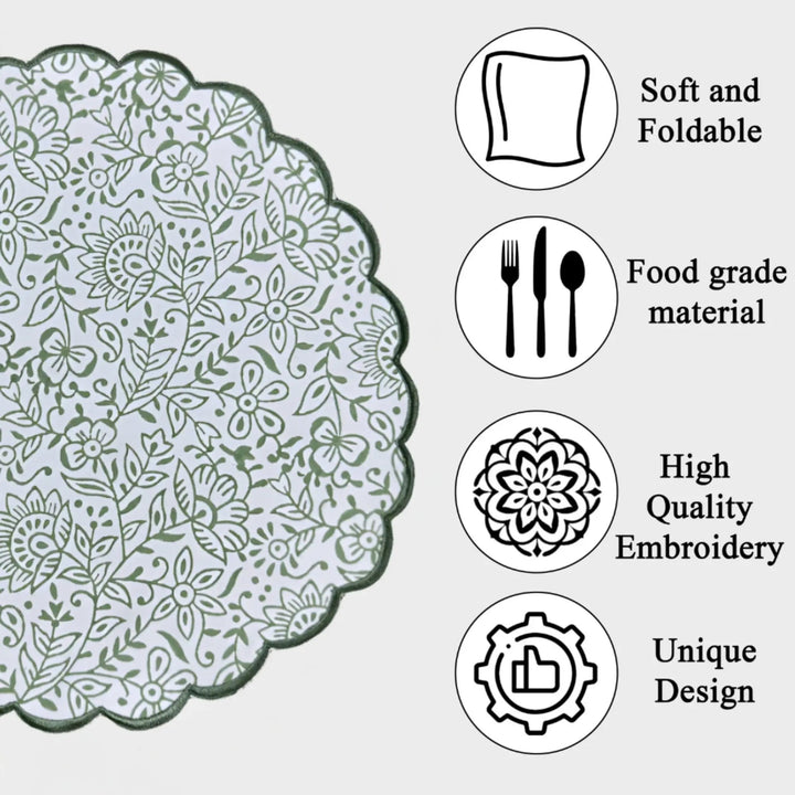 Decorative plate with floral pattern and features listed on a white background