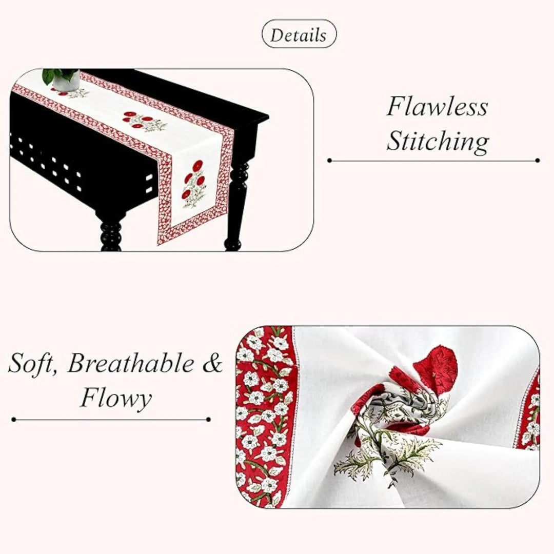 Table runner with floral design on a white background, highlighting &