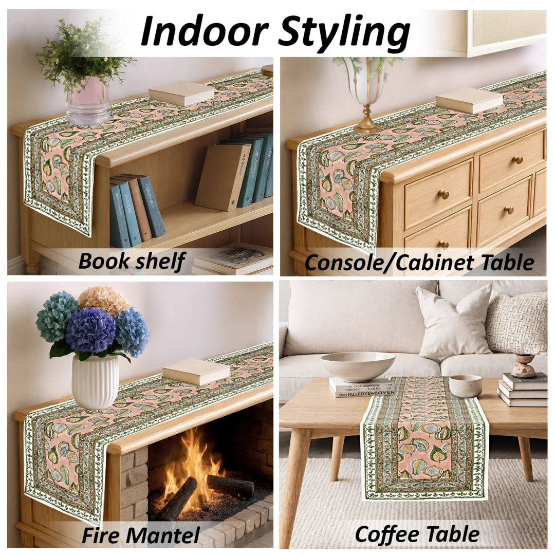 Table runner displayed on bookshelf, console table, fire mantel, and coffee table with decorative elements.