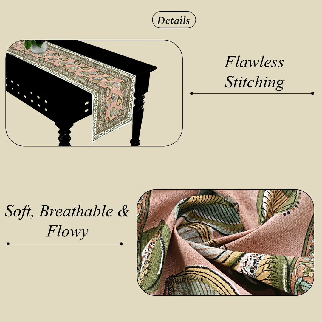 Table runner with floral pattern on a table, highlighting &