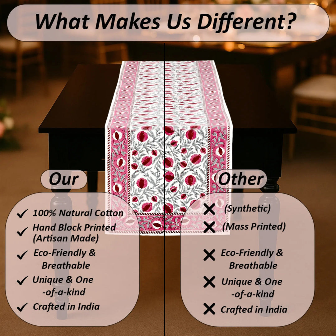 Table runner with floral pattern on a table, comparing &
