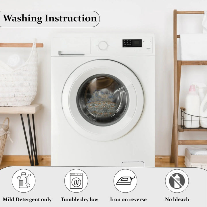 White washing machine in a laundry room with washing instructions displayed.