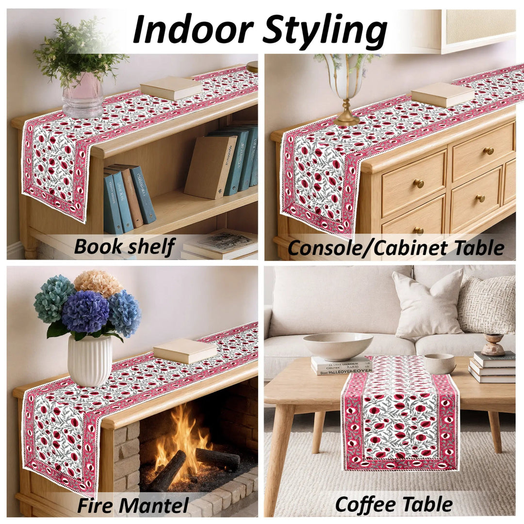 Red and white patterned table runner displayed on various furniture pieces with text &
