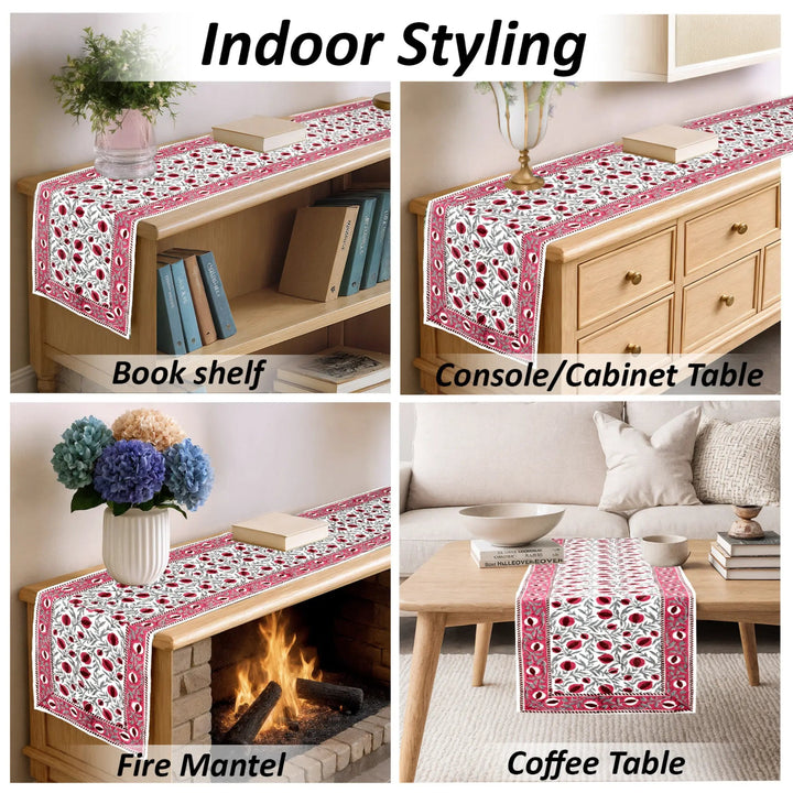 Red and white patterned table runner displayed on various furniture pieces with text &