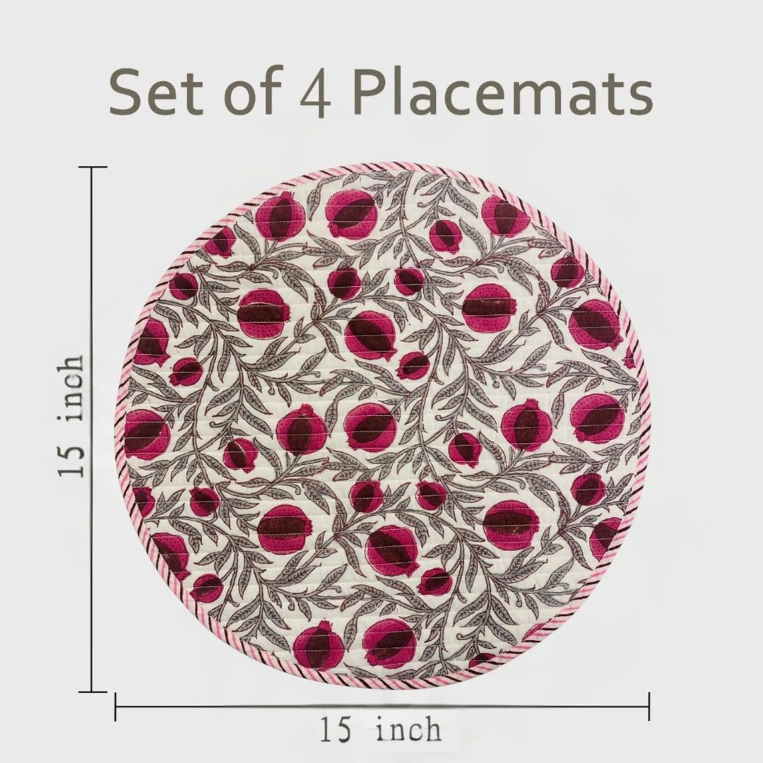 Set of 4 round placemats with a floral pattern, shown with dimensions on a light gray background.