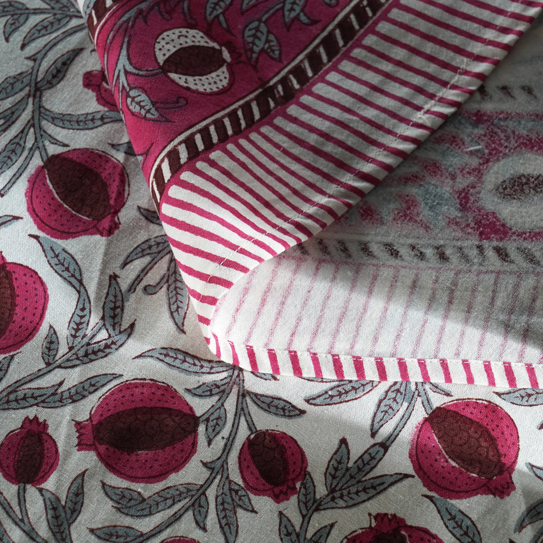 Close-up of fabric with pomegranate pattern and striped design