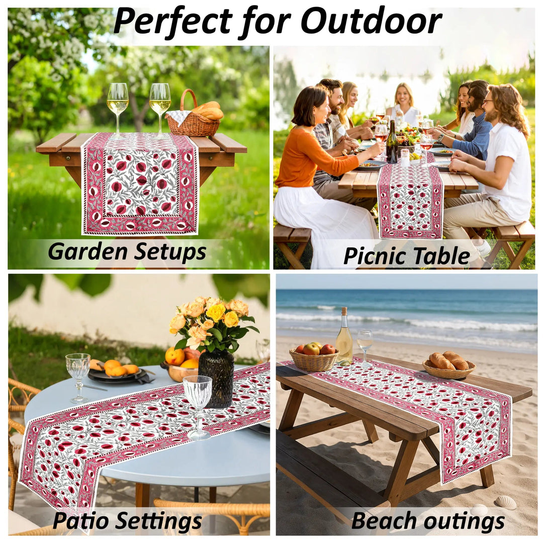 Table runner with floral pattern used in various outdoor settings including garden, picnic, patio, and beach.