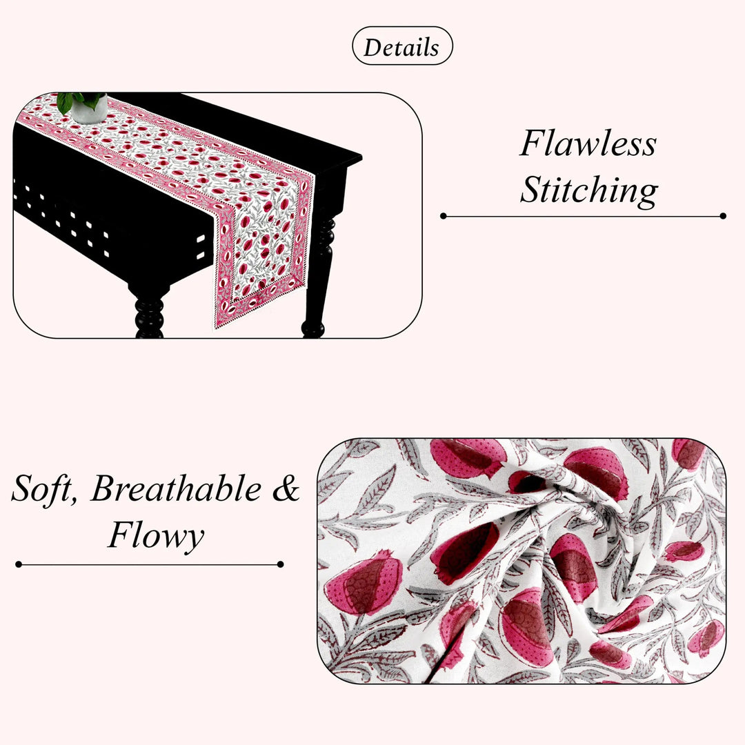 Table runner with floral pattern on a table, highlighting &
