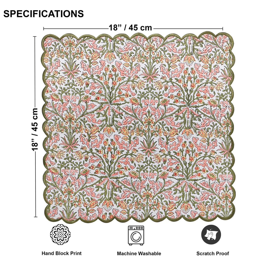 Decorative mat with floral pattern and dimensions, along with features like hand block print, machine washable, and scratch proof.