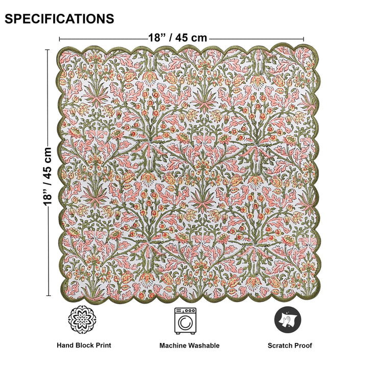 Decorative mat with floral pattern and dimensions, along with features like hand block print, machine washable, and scratch proof.