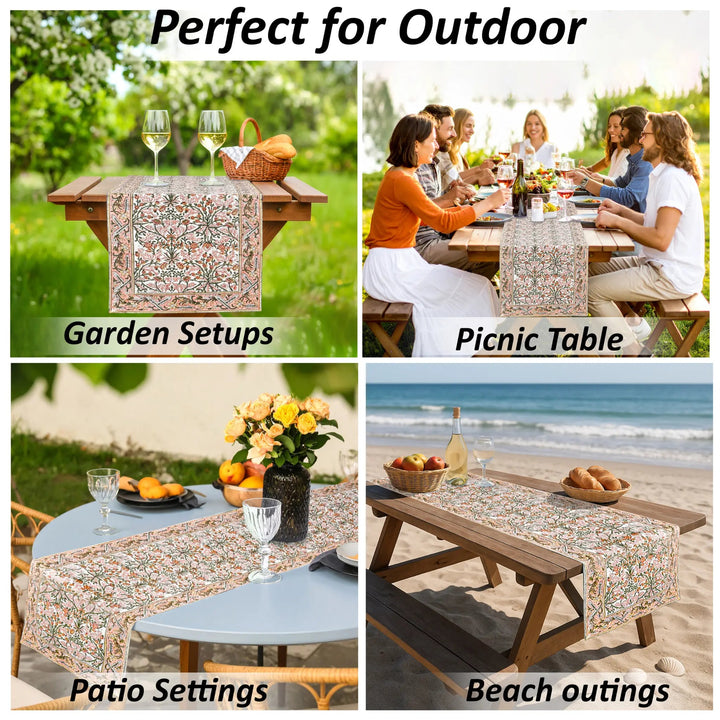 Collage of outdoor settings with a floral tablecloth, including garden, picnic, patio, and beach scenes.
