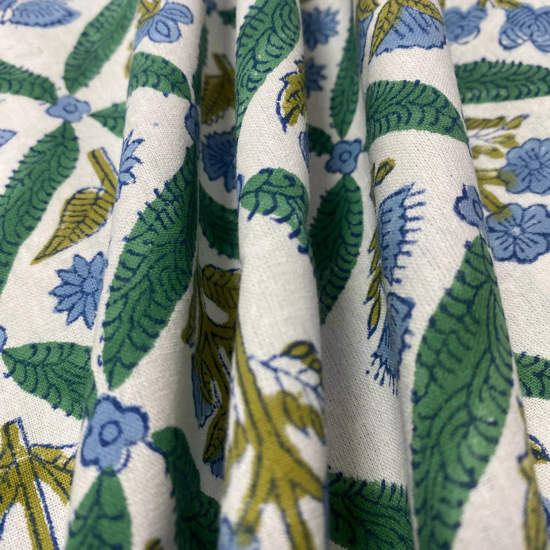 Close-up of fabric with green, blue, and yellow leaf pattern on a white background